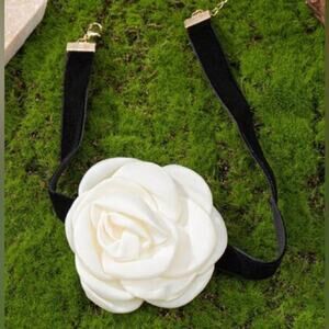 Elegant Off White Camelia Rose Black Velvet Choker